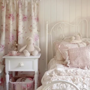 Sypialnia z różową i białą dekoracją oraz różowym łóżkiem z poduszkami